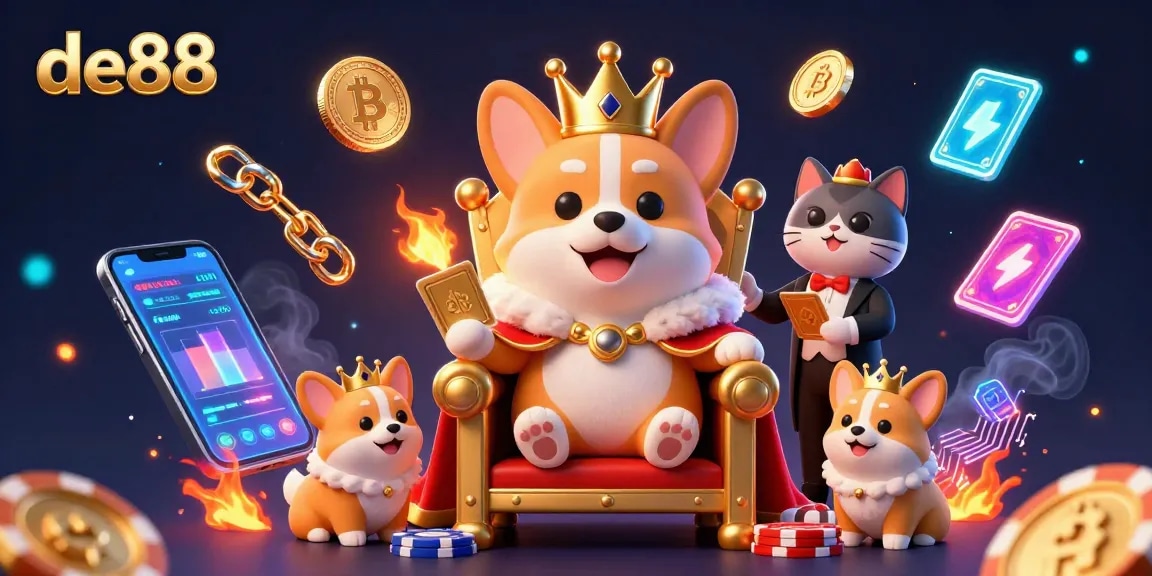 Experience entertainment with de88 in a vibrant scene featuring a royal corgi, crypto coins, and gaming elements.