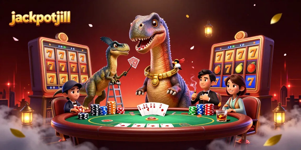 Experience thrilling jackpotjill action with vibrant slot and poker elements in a dynamic casino scene.