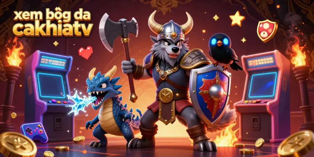 Join the Viking wolf warrior and dragon as they celebrate the excitement of xem bóng đá cakhiatv, illuminated by arcade vibes and casino gold.