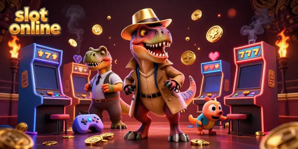 Slot online illustration with a velociraptor card counter and stegosaurus pit boss amidst colorful slots.