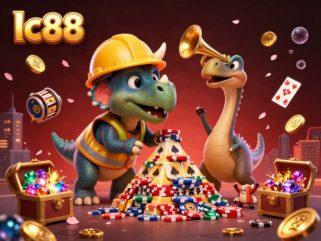 Experience the excitement of lc88 as a triceratops builds a poker chip pyramid amidst floating slot reels and gold coins.