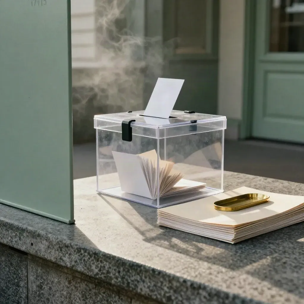 Transparent valurna med kuvert, skärm och pärm på sten i dramatiskt ljus.