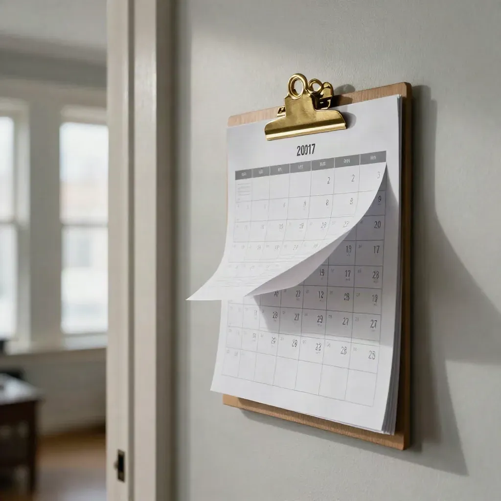 Väggkalender med färgflikar och broschyr i lugn hall, vinterljus från fönster.
