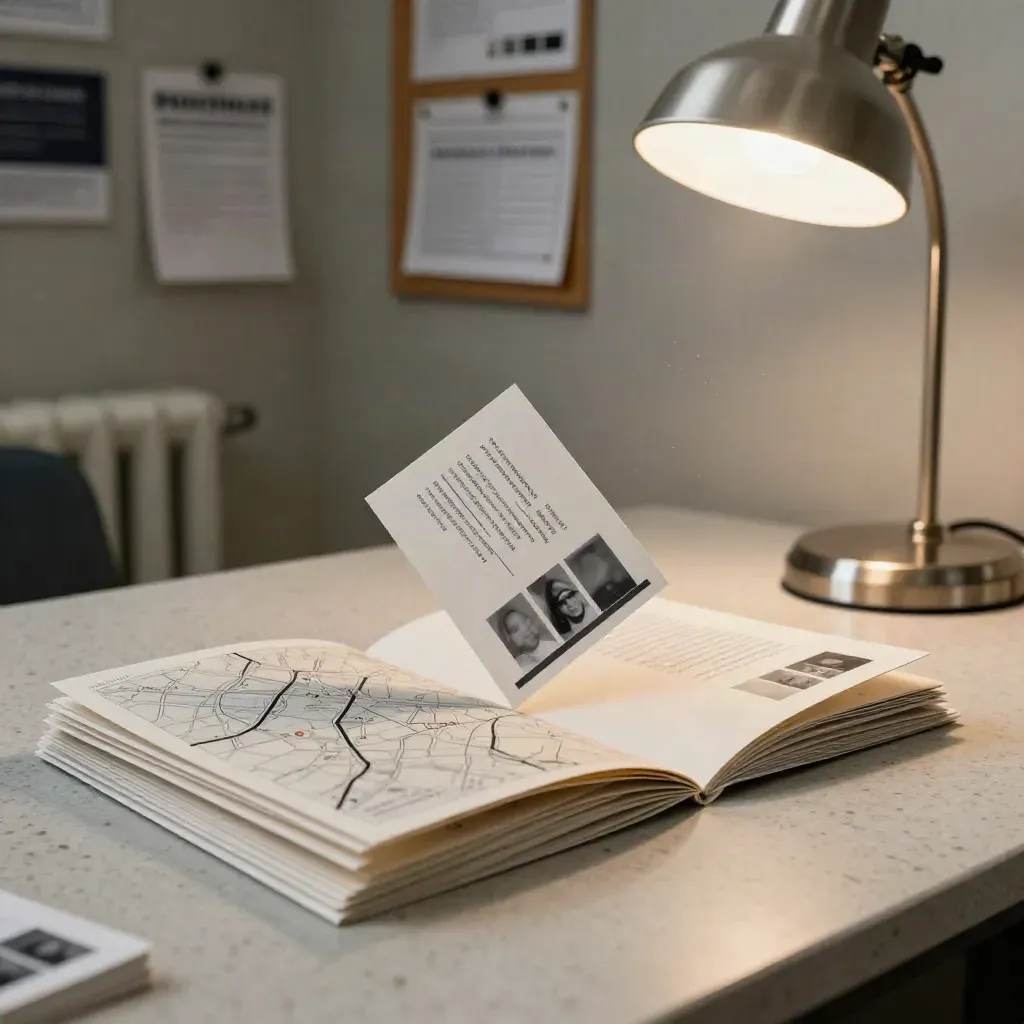 Profilkort och karta i ett newsroom med skrivbordslampa, fångat i rörelse.