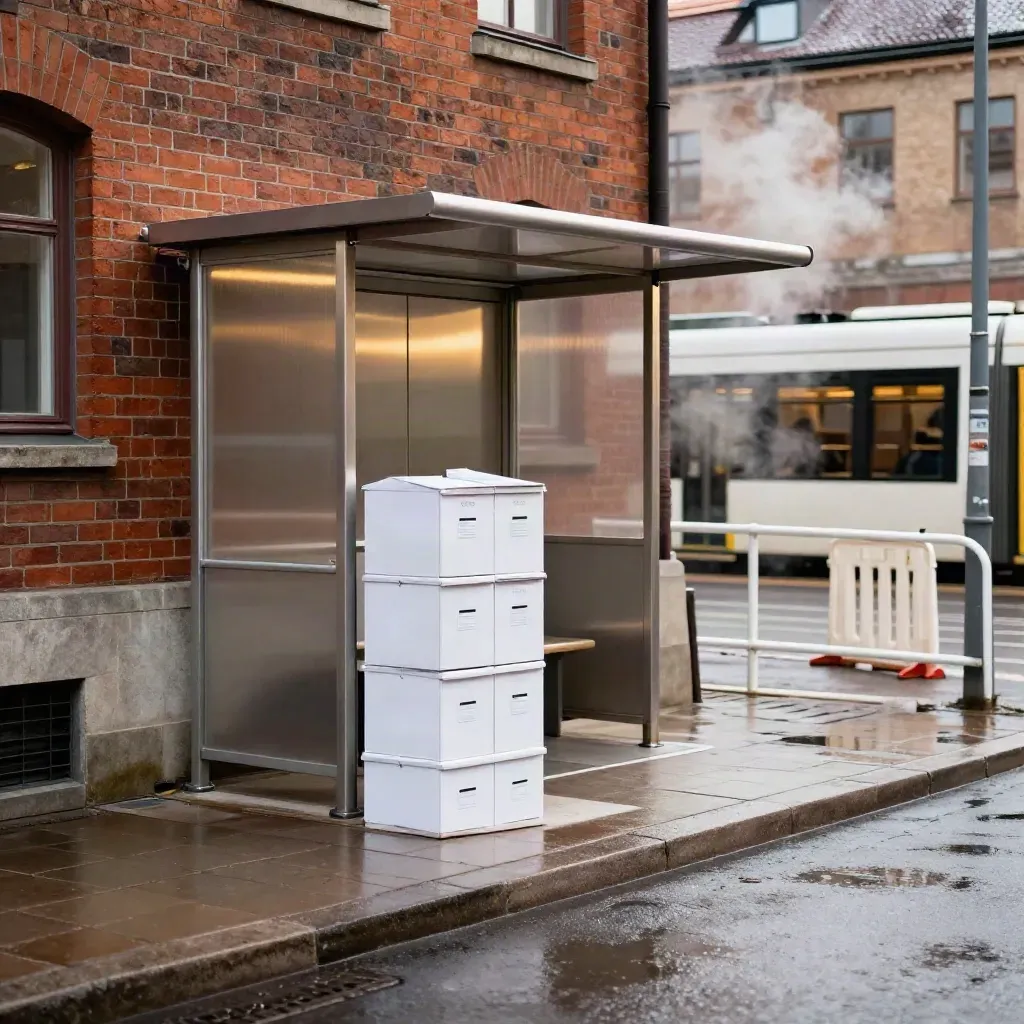 Göteborgs vallokal vid tegelhus och spårvagnsskydd, med vita valurnor och blöt asfalt efter regn.