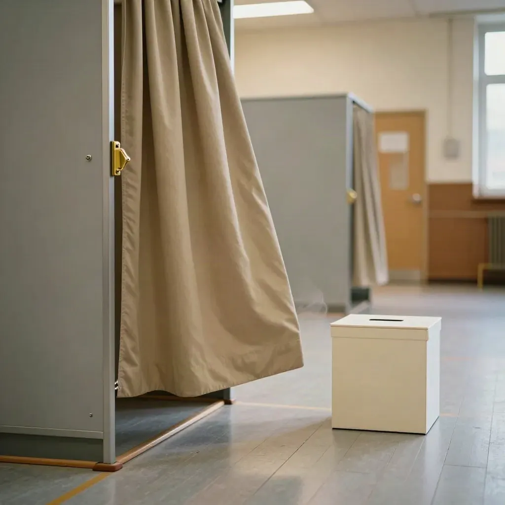 Valbås i skolgym med svängande draperi och valurna i förgrunden
