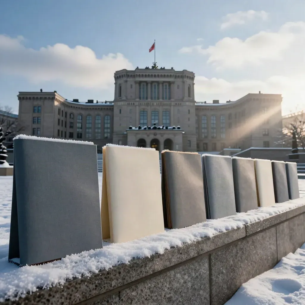 Riksdagens siluett bakom politiska mappar på en stenparapet i kall kvällsljus.