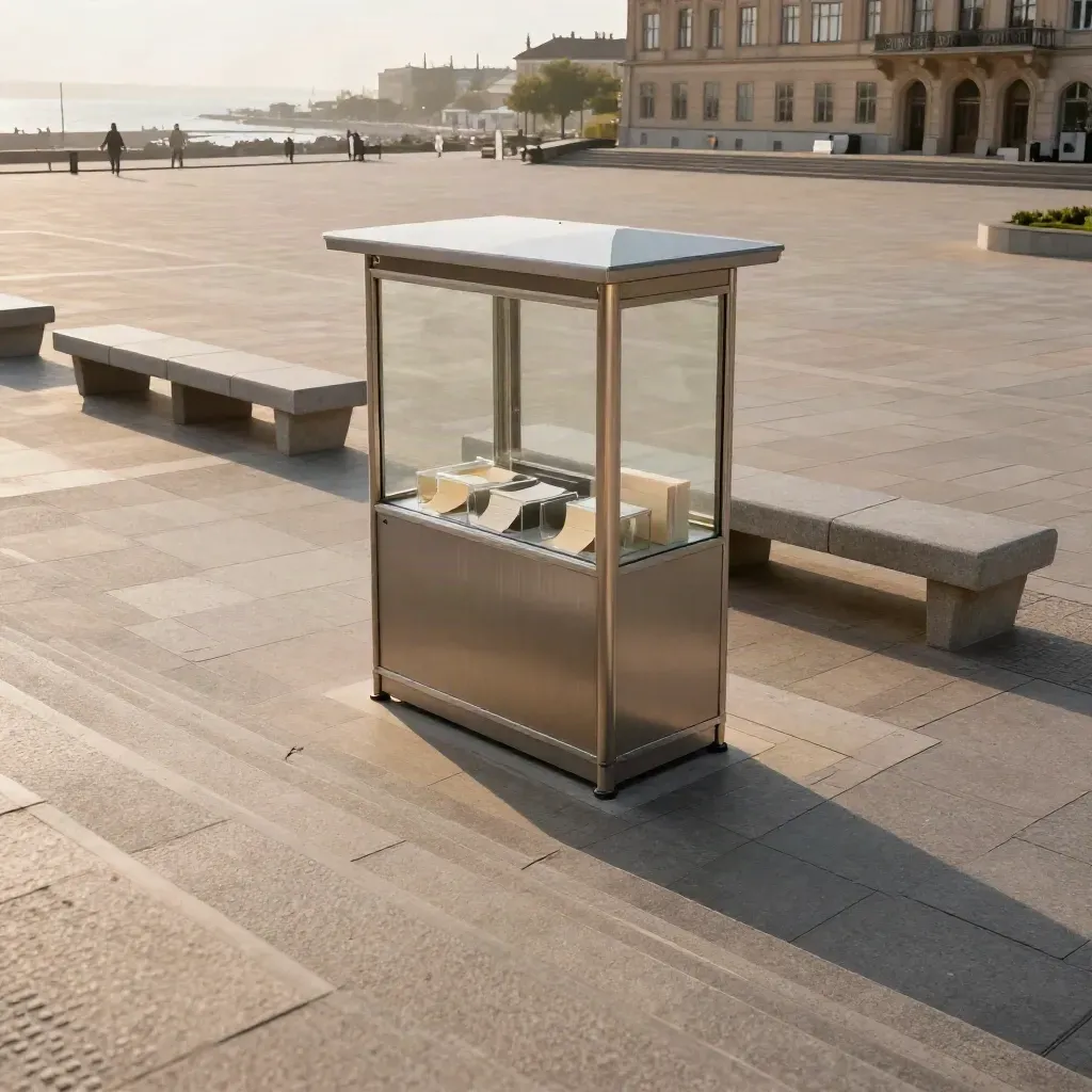 Malmö torg med valkiosk, betongbänkar och kvällsljus i kustdimma.