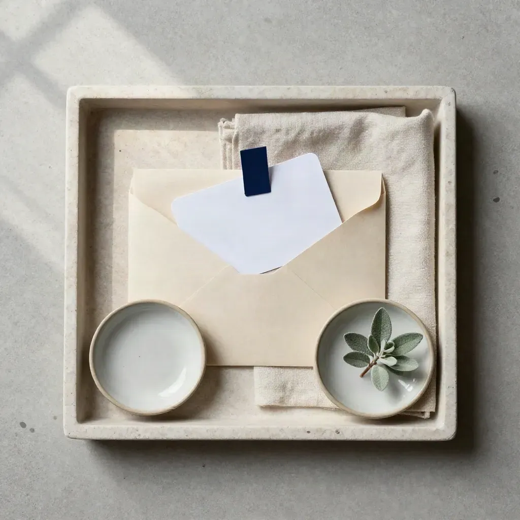 Röstkuvert med ID-ficka, vikt duk, keramikskål och liten planta på stenbricka.