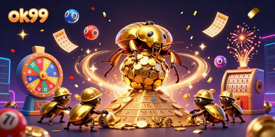 Experience the excitement of ok99 with golden beetles and lottery action in a vibrant casino scene.