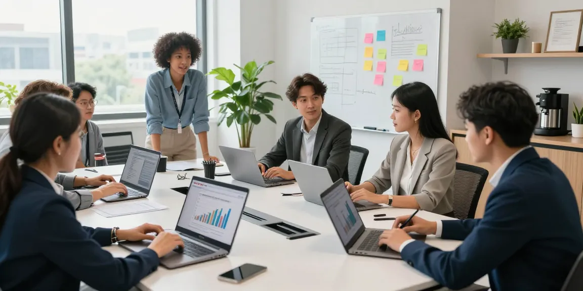 Collaboration in a modern office with professionals engaging over the WPS Official Website, showcasing teamwork and productivity.