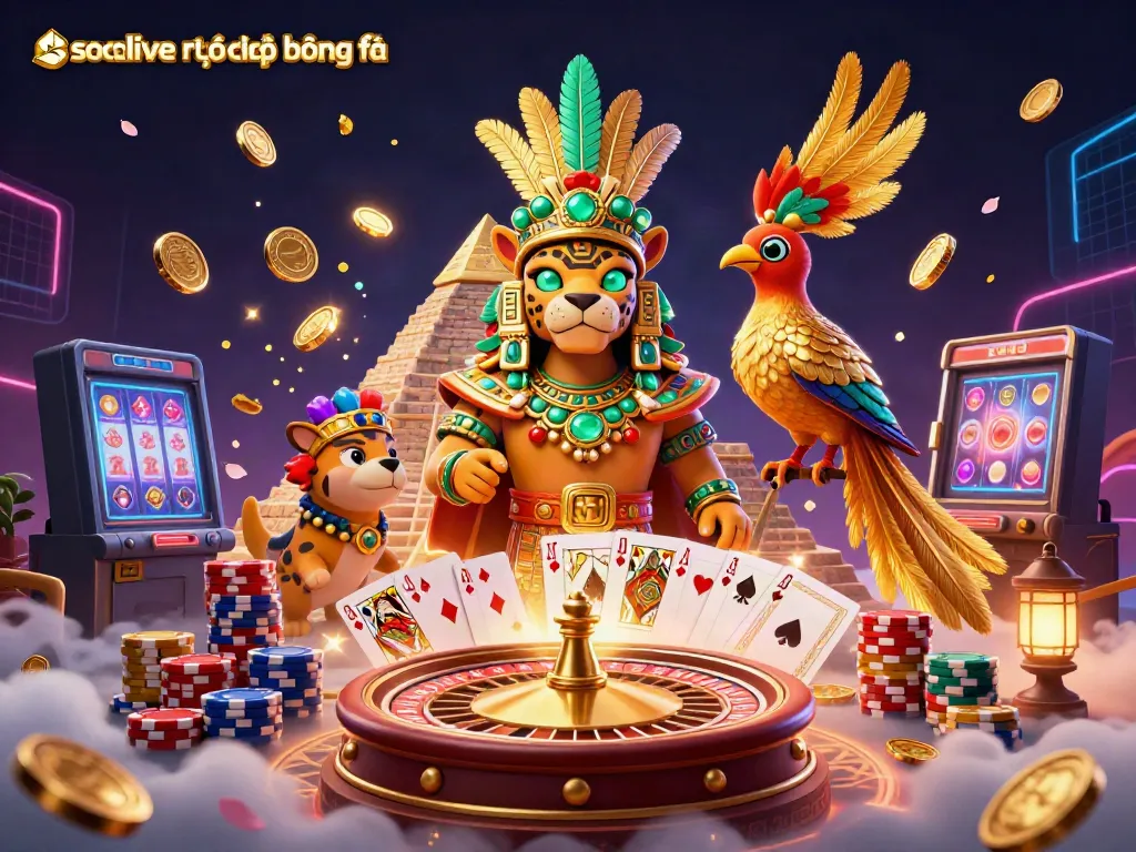 Socolive trực tiếp bóng đá immersive 3D scene with characters, casino elements, and gold coins cascading.