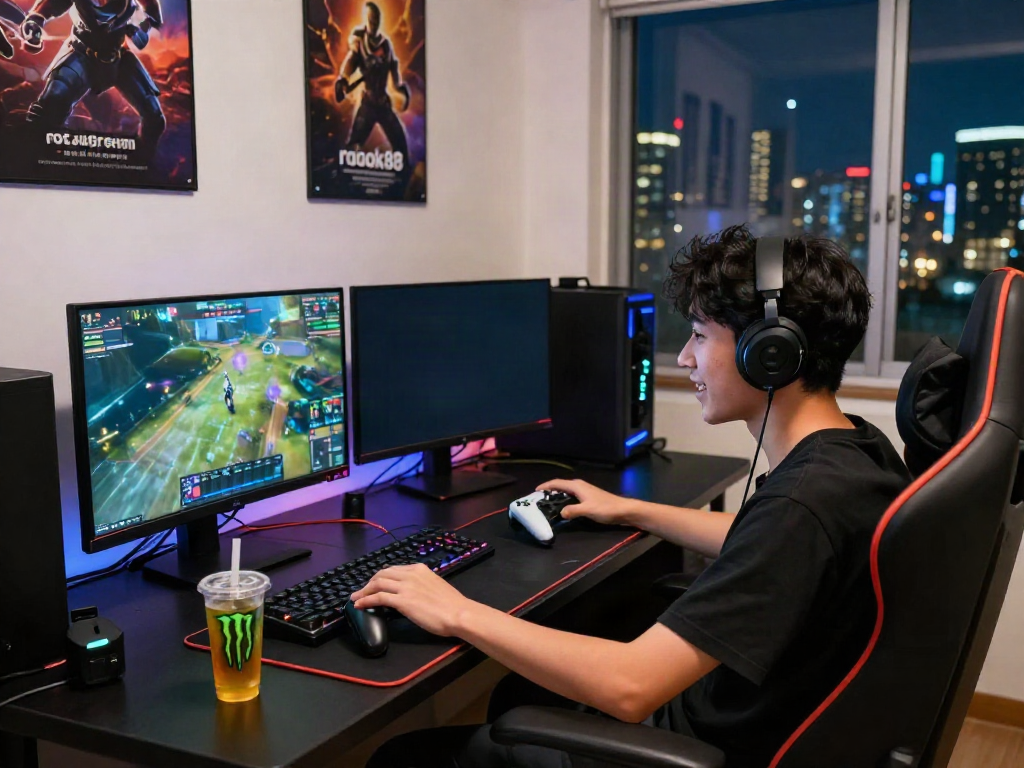Excited player enjoying rokok88 resmi game in a vibrant gaming setup.