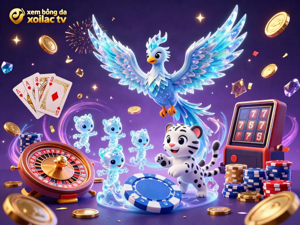 Experience xem bóng đá xoilac tv with an engaging 3D illustration showcasing a vibrant casino scene filled with dynamic characters and game elements.
