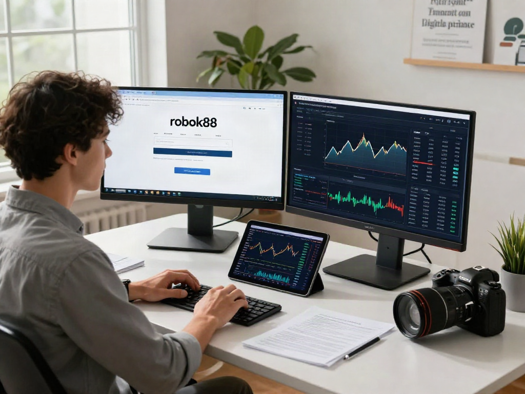 Using the rokok88 login on dual monitors in a modern office setting.
